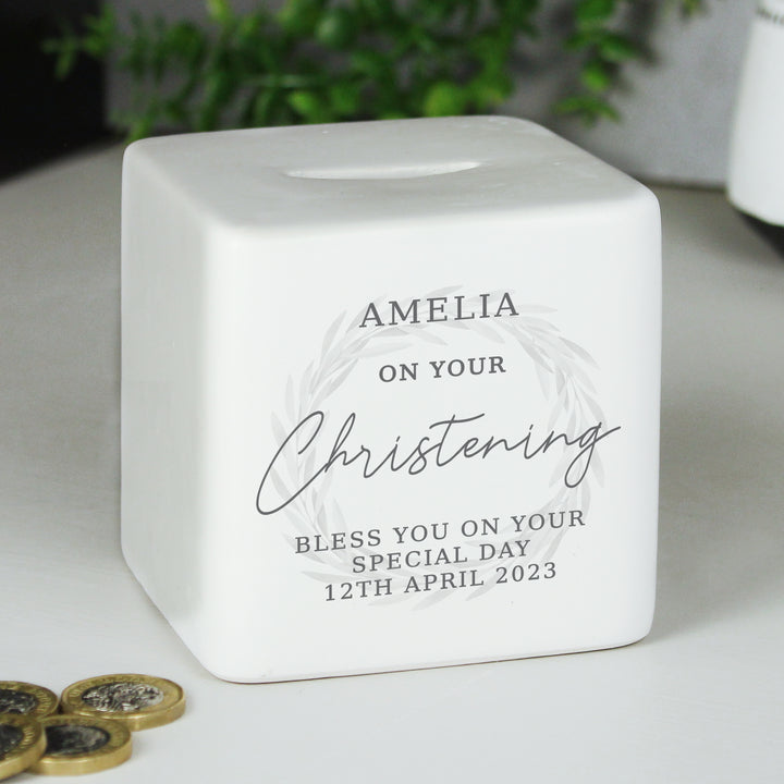 Buy Personalised Christening Ceramic Square Money Box available now at www.giftsfinder.co.uk