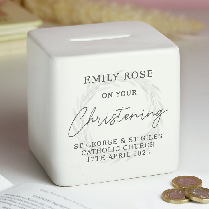 Buy Personalised Christening Ceramic Square Money Box available now at www.giftsfinder.co.uk