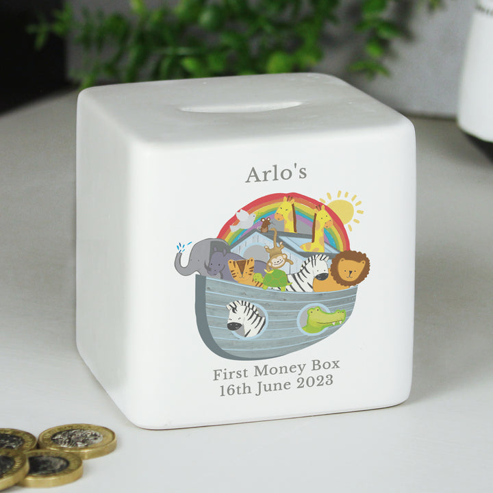 Buy Personalised Noahs Ark Ceramic Square Money Box at www.giftsfinder.co.uk