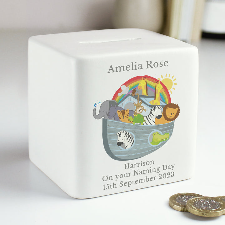 Buy Personalised Noahs Ark Ceramic Square Money Box at www.giftsfinder.co.uk