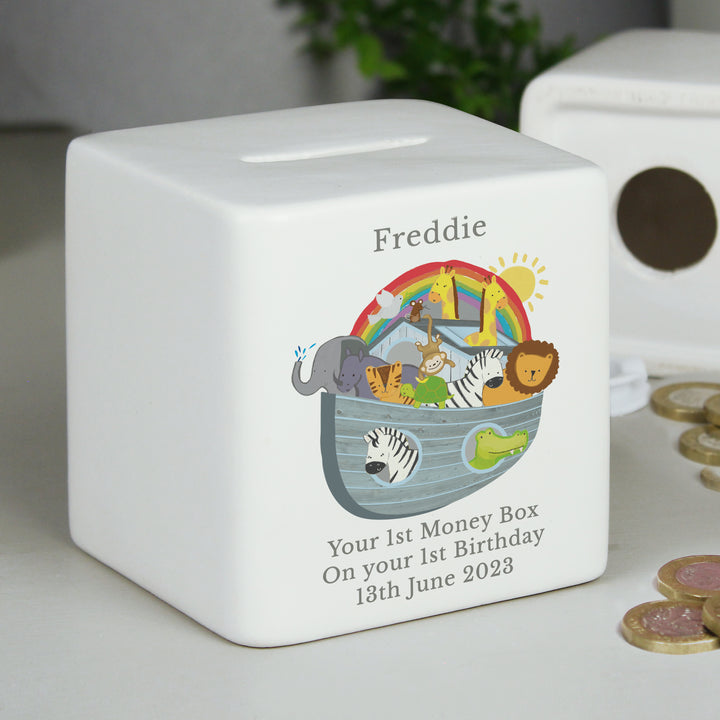 Buy Personalised Noahs Ark Ceramic Square Money Box at www.giftsfinder.co.uk