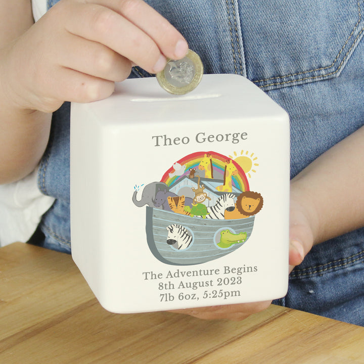 Buy Personalised Noahs Ark Ceramic Square Money Box at www.giftsfinder.co.uk