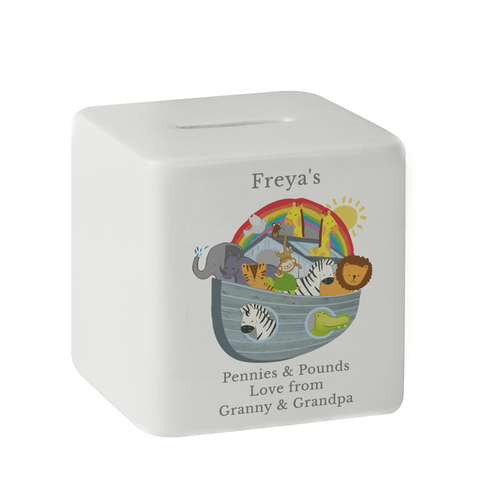 Buy Personalised Noahs Ark Ceramic Square Money Box at www.giftsfinder.co.uk