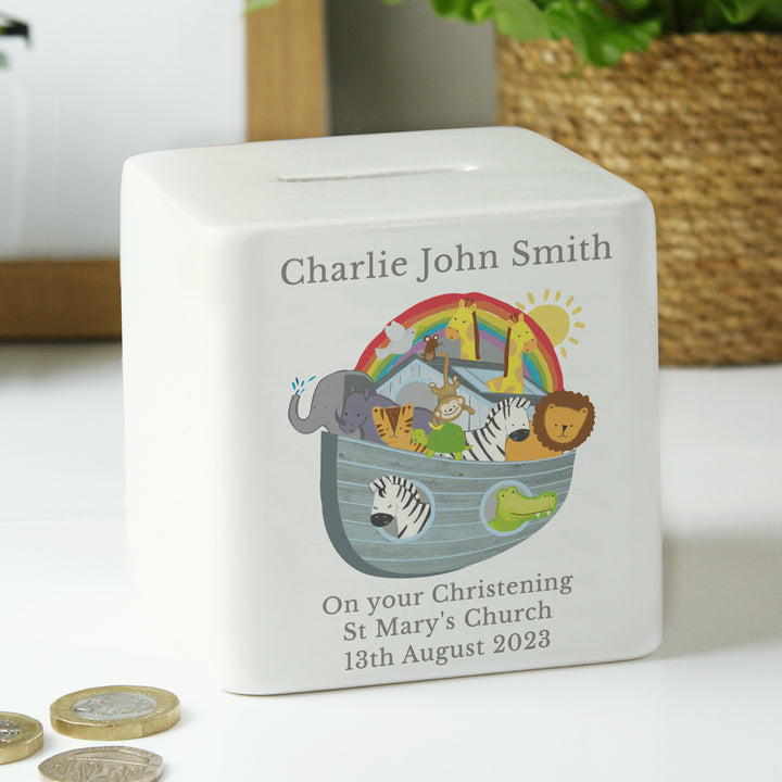 Buy Personalised Noahs Ark Ceramic Square Money Box at www.giftsfinder.co.uk