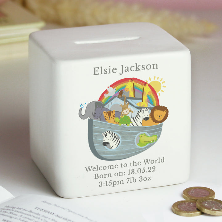 Buy Personalised Noahs Ark Ceramic Square Money Box at www.giftsfinder.co.uk