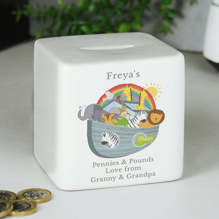 Buy Personalised Noahs Ark Ceramic Square Money Box at www.giftsfinder.co.uk