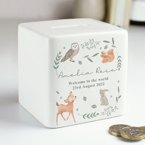 Personalised Woodland Animals Ceramic Square Money Box in gift category Personalised Money Boxes