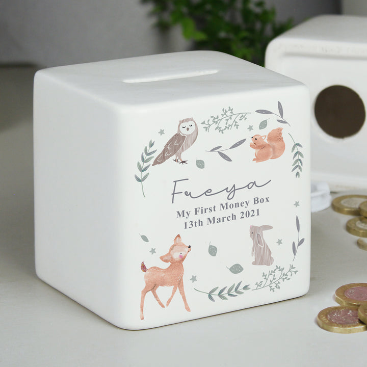 Personalised Woodland Animals Ceramic Square Money Box in gift category Personalised Money Boxes