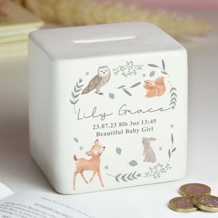 Personalised Woodland Animals Ceramic Square Money Box in gift category Personalised Money Boxes