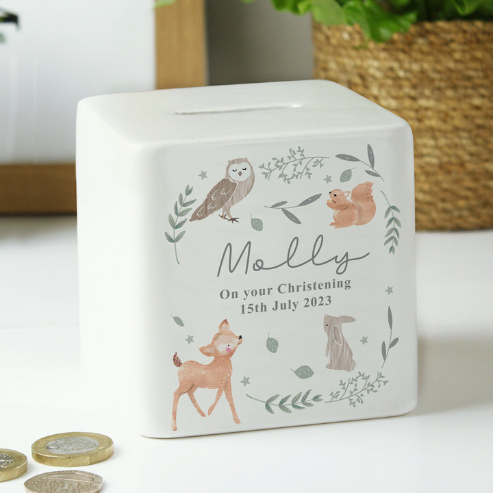 Personalised Woodland Animals Ceramic Square Money Box in gift category Personalised Money Boxes