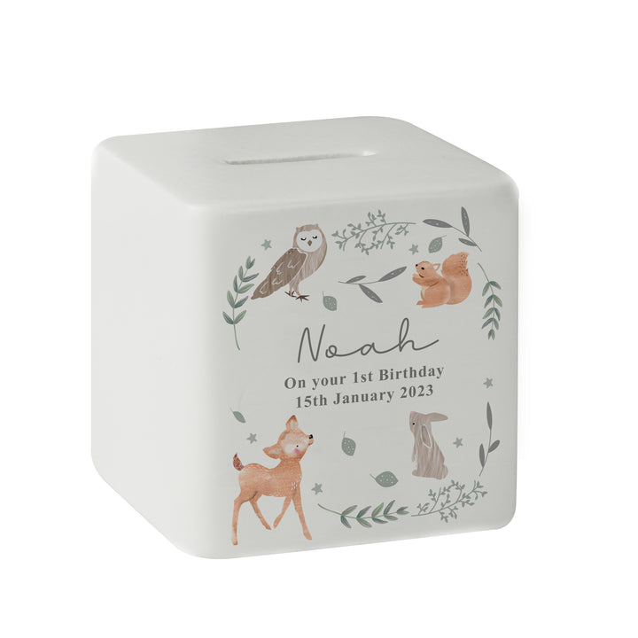 Personalised Woodland Animals Ceramic Square Money Box in gift category Personalised Money Boxes