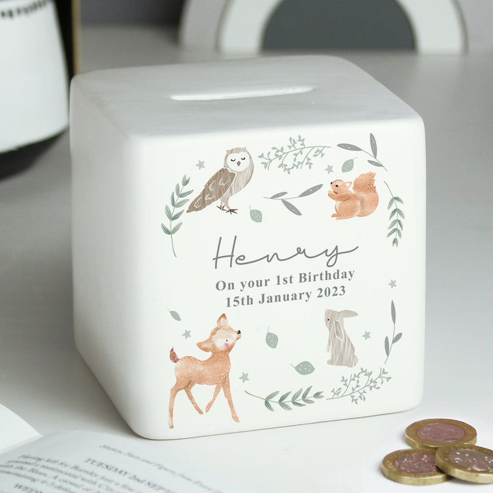 Personalised Woodland Animals Ceramic Square Money Box in gift category Personalised Money Boxes