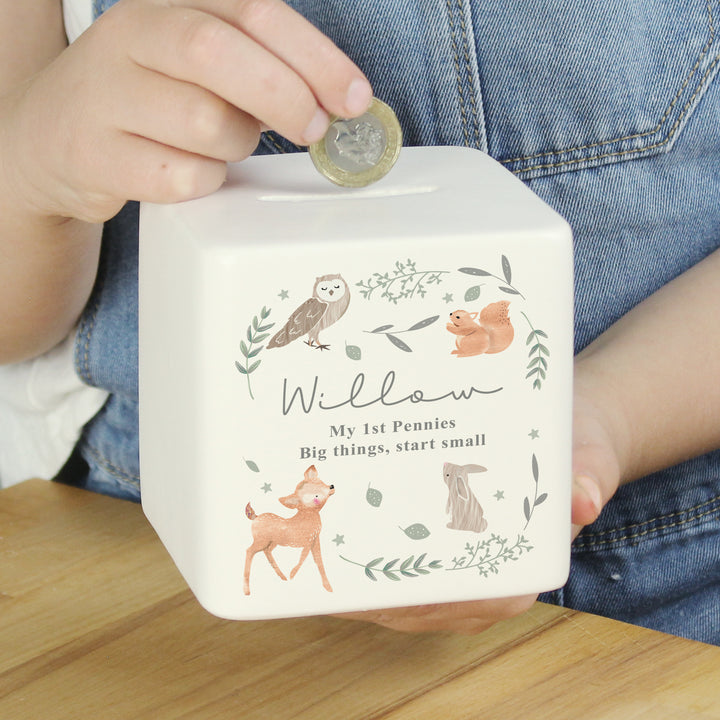 Personalised Woodland Animals Ceramic Square Money Box in gift category Personalised Money Boxes