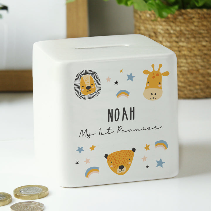 Personalised Scandi Safari Animals Ceramic Square Money Box in gift category Personalised Money Boxes