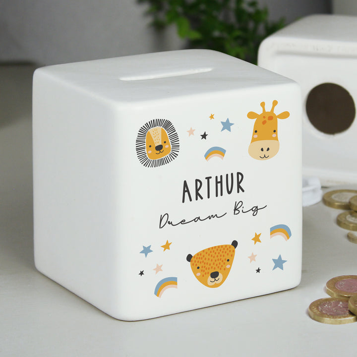 Personalised Scandi Safari Animals Ceramic Square Money Box in gift category Personalised Money Boxes