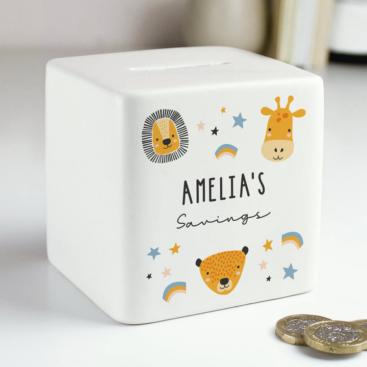 Personalised Scandi Safari Animals Ceramic Square Money Box in gift category Personalised Money Boxes