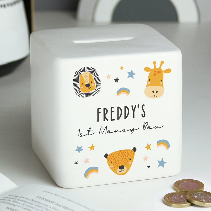 Personalised Scandi Safari Animals Ceramic Square Money Box in gift category Personalised Money Boxes