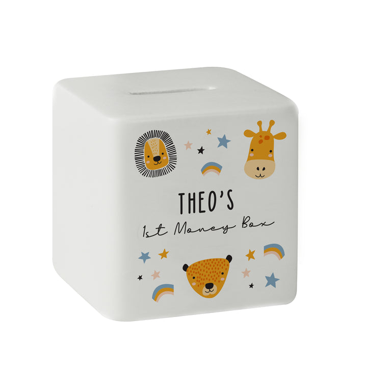 Personalised Scandi Safari Animals Ceramic Square Money Box in gift category Personalised Money Boxes