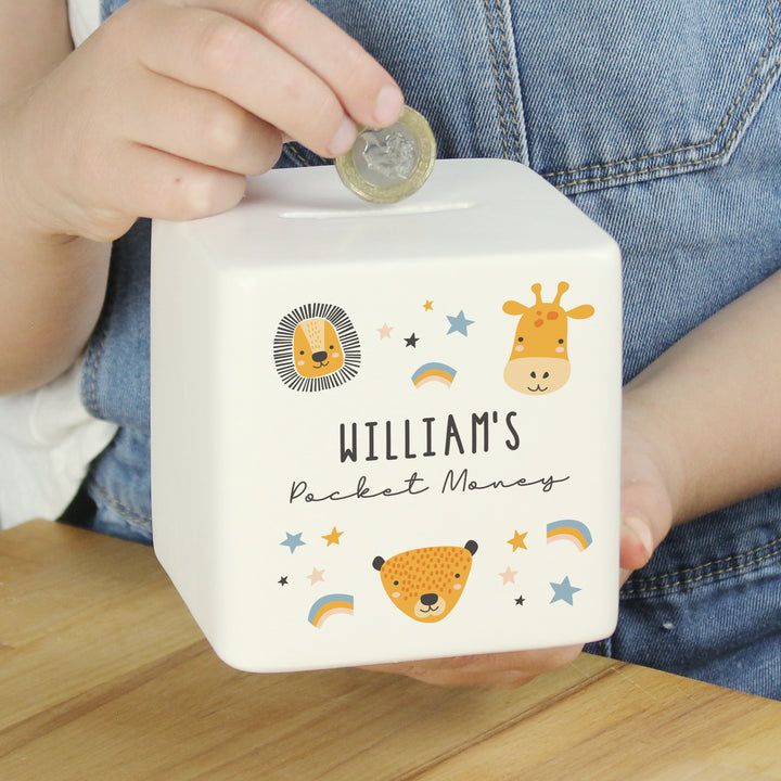 Personalised Scandi Safari Animals Ceramic Square Money Box in gift category Personalised Money Boxes