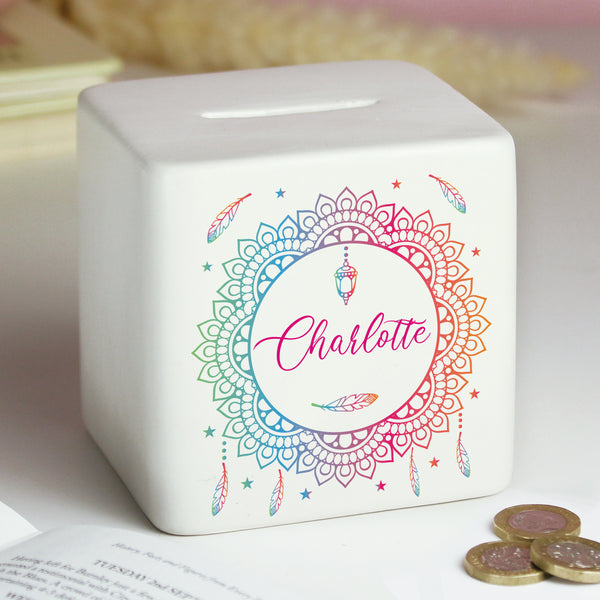 Buy Personalised Dreamcatcher Ceramic Square Money Box available now at www.giftsfinder.co.uk