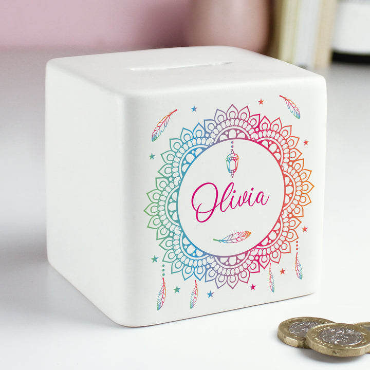 Buy Personalised Dreamcatcher Ceramic Square Money Box available now at www.giftsfinder.co.uk