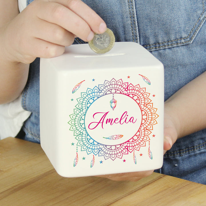 Buy Personalised Dreamcatcher Ceramic Square Money Box available now at www.giftsfinder.co.uk