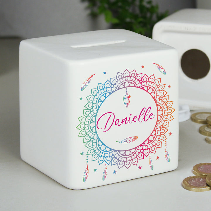 Buy Personalised Dreamcatcher Ceramic Square Money Box available now at www.giftsfinder.co.uk