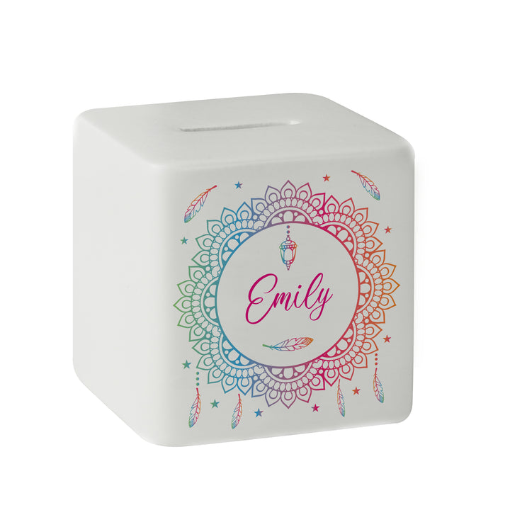 Buy Personalised Dreamcatcher Ceramic Square Money Box available now at www.giftsfinder.co.uk