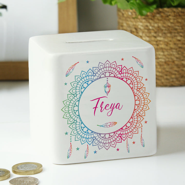 Buy Personalised Dreamcatcher Ceramic Square Money Box available now at www.giftsfinder.co.uk