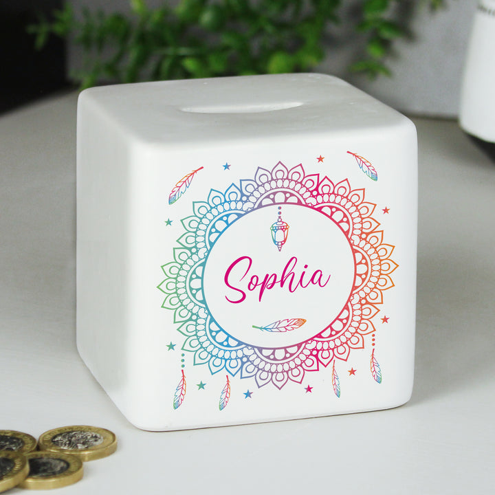 Buy Personalised Dreamcatcher Ceramic Square Money Box available now at www.giftsfinder.co.uk