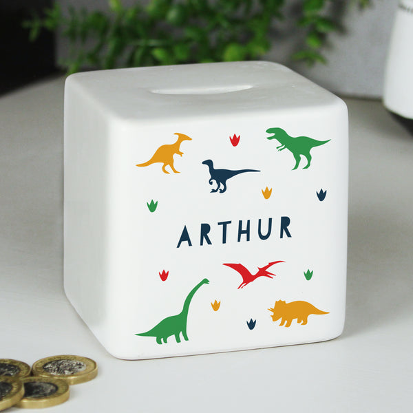 Buy Personalised Dinosaur Ceramic Square Money Box available now at www.giftsfinder.co.uk