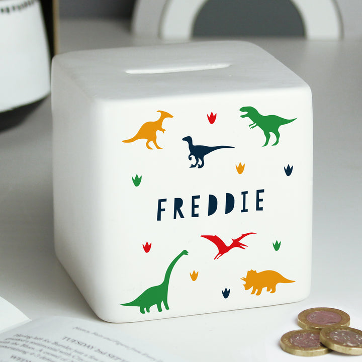 Buy Personalised Dinosaur Ceramic Square Money Box available now at www.giftsfinder.co.uk