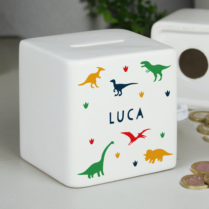 Buy Personalised Dinosaur Ceramic Square Money Box available now at www.giftsfinder.co.uk