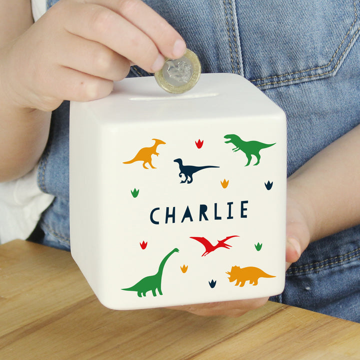 Buy Personalised Dinosaur Ceramic Square Money Box available now at www.giftsfinder.co.uk