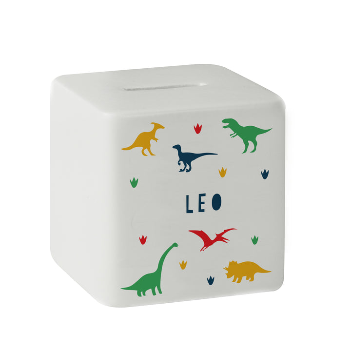 Buy Personalised Dinosaur Ceramic Square Money Box available now at www.giftsfinder.co.uk