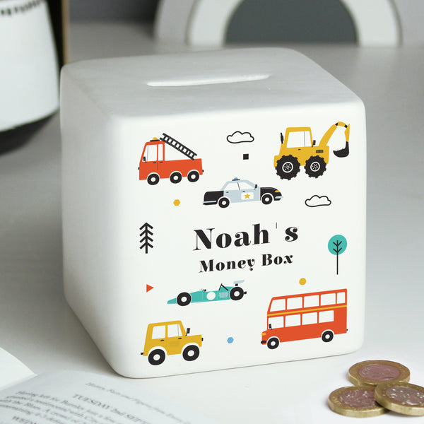 Personalised Vehicles Ceramic Square Money Box in gift category Personalised Money Boxes