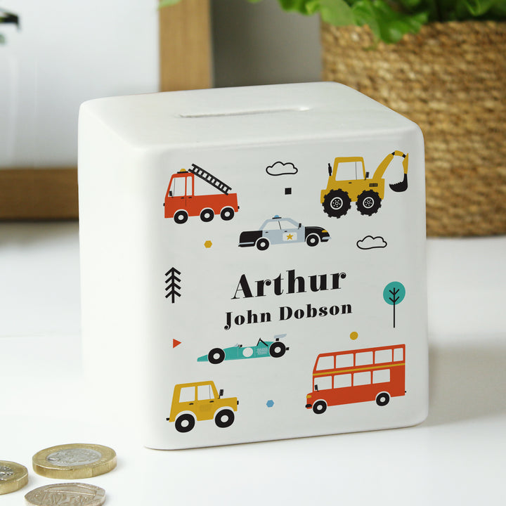 Personalised Vehicles Ceramic Square Money Box in gift category Personalised Money Boxes