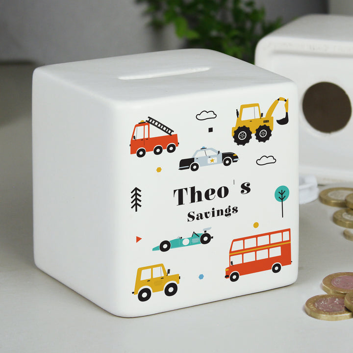 Personalised Vehicles Ceramic Square Money Box in gift category Personalised Money Boxes