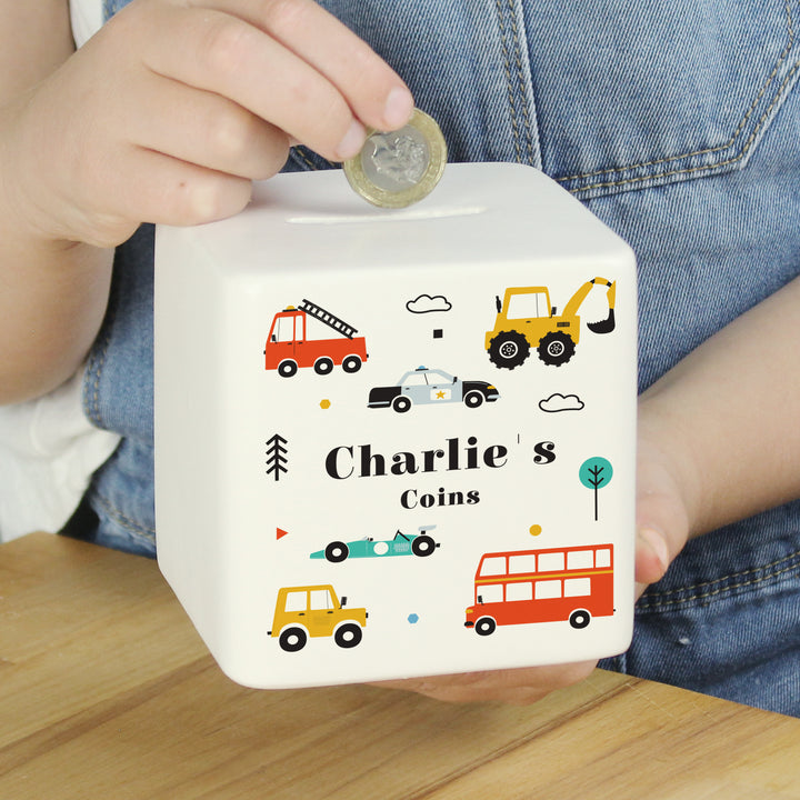 Personalised Vehicles Ceramic Square Money Box in gift category Personalised Money Boxes