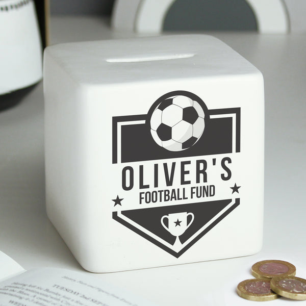 Buy Personalised Football Badge Ceramic Square Money Box available now at www.giftsfinder.co.uk