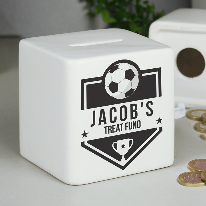 Buy Personalised Football Badge Ceramic Square Money Box available now at www.giftsfinder.co.uk