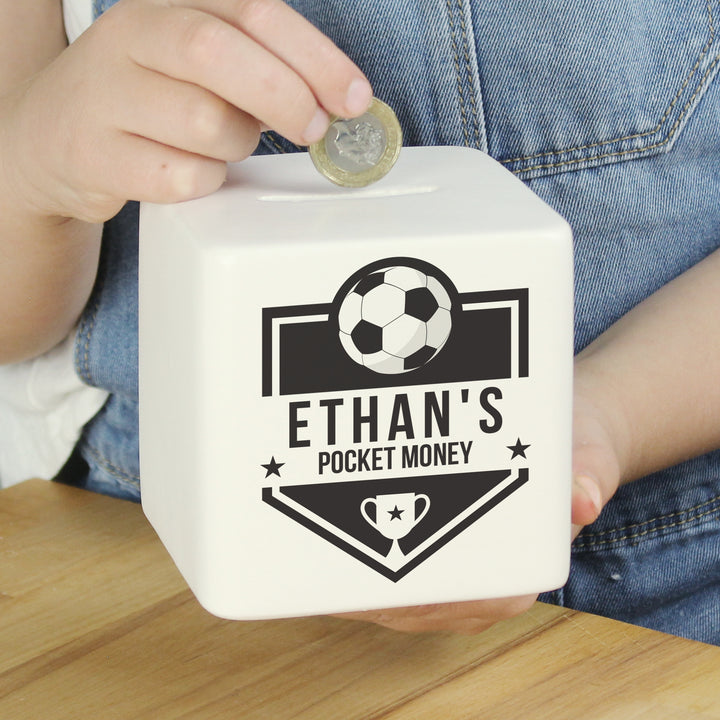 Buy Personalised Football Badge Ceramic Square Money Box available now at www.giftsfinder.co.uk