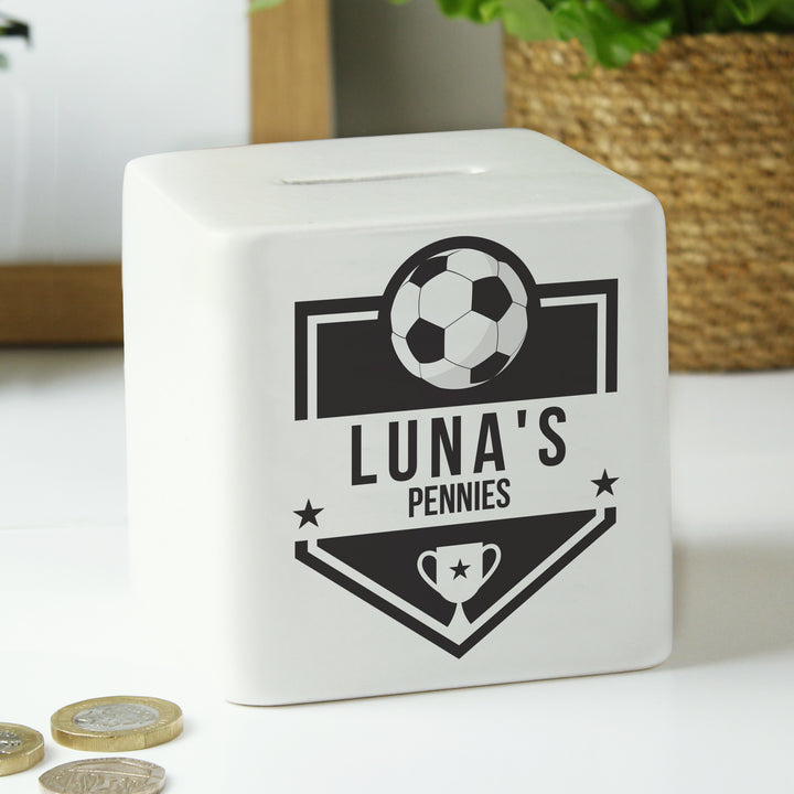 Buy Personalised Football Badge Ceramic Square Money Box available now at www.giftsfinder.co.uk