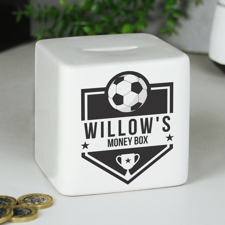 Buy Personalised Football Badge Ceramic Square Money Box available now at www.giftsfinder.co.uk