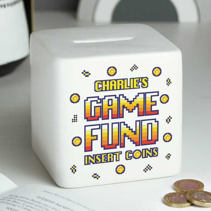 Buy Personalised Gaming Fund Ceramic Square Money Box available now at www.giftsfinder.co.uk