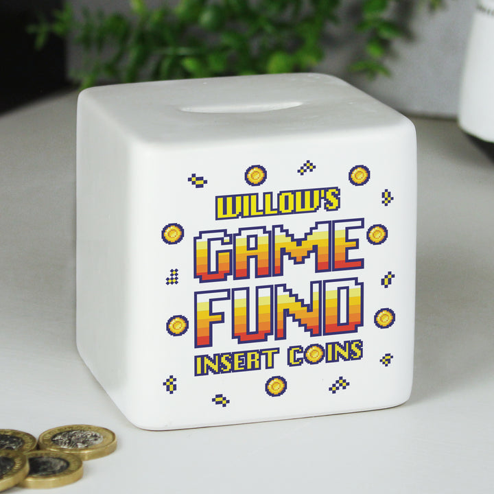 Buy Personalised Gaming Fund Ceramic Square Money Box available now at www.giftsfinder.co.uk