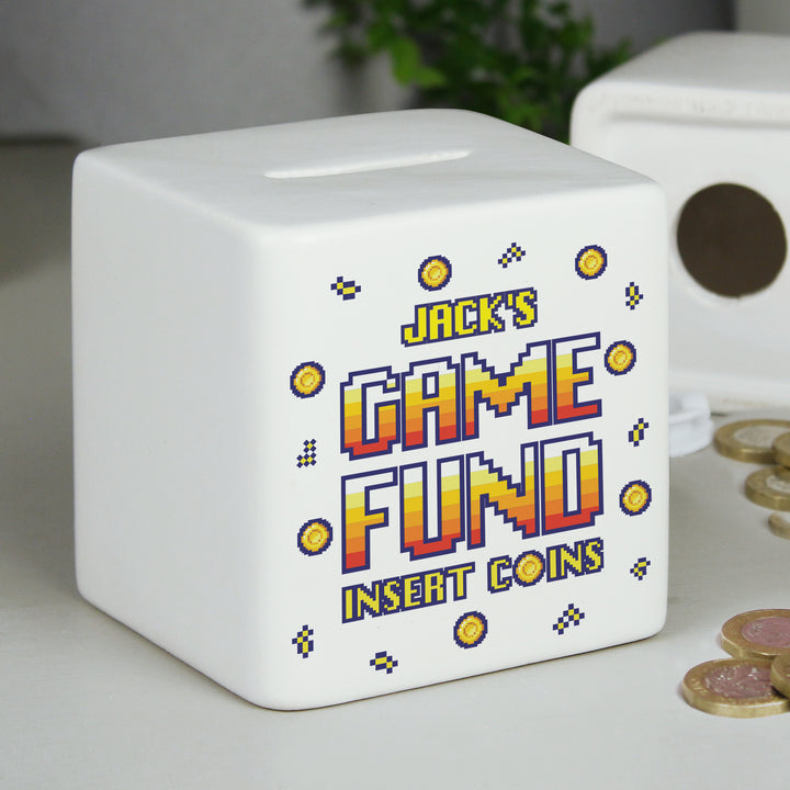 Buy Personalised Gaming Fund Ceramic Square Money Box available now at www.giftsfinder.co.uk