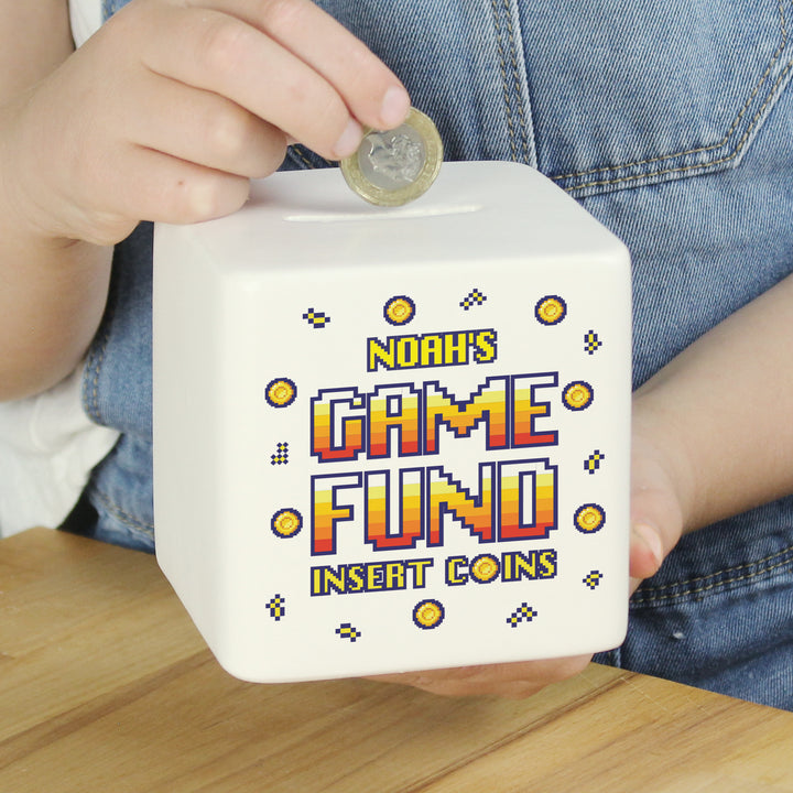 Buy Personalised Gaming Fund Ceramic Square Money Box available now at www.giftsfinder.co.uk