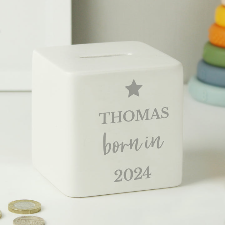 Buy Personalised Born in Money Box available now at www.giftsfinder.co.uk