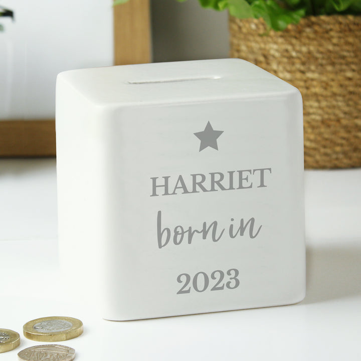 Buy Personalised Born in Money Box available now at www.giftsfinder.co.uk